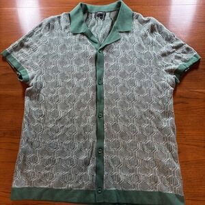 Express‎ Retro Men's Green Geometric Knit Polo Shirt Short Sleeve Button Size L